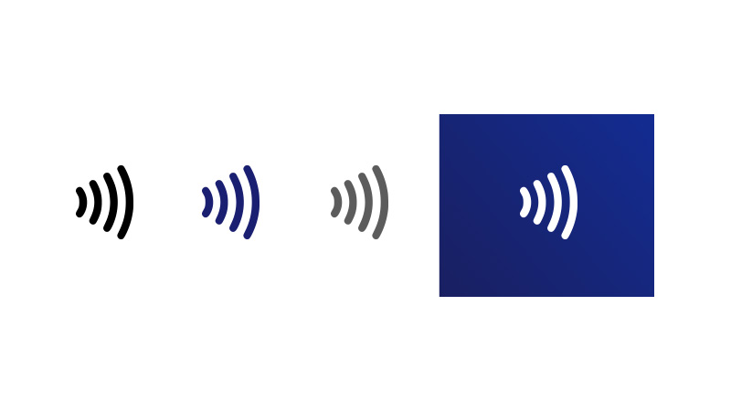 Three contactless indicator logos diminishing in size from left to right. Fourth image shows contactless indicator in white on dark blue background.
