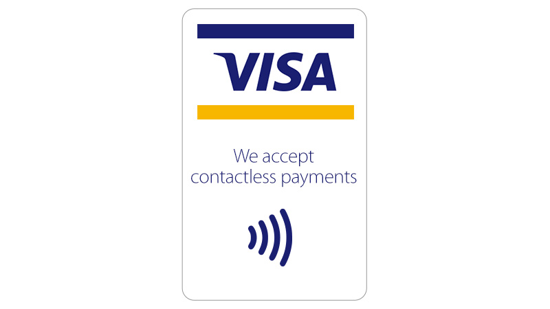 Top down: Full-color POS Graphic followed by text “We accept contactless payments” followed by contactless indicator logo.